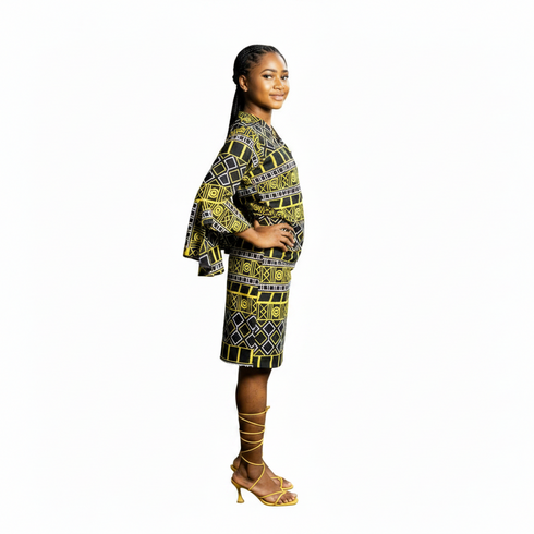 Zura Girls Geometric Ankara Shift Dress with Flared Asymmetrical Sleeves – Modern African Simplicity