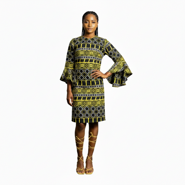 Zura Girls Geometric Ankara Shift Dress with Flared Asymmetrical Sleeves – Modern African Simplicity