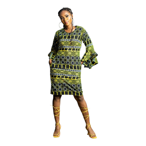 Zura Women Geometric Ankara Shift Dress with Flared Sleeves – Modern African Simplicity