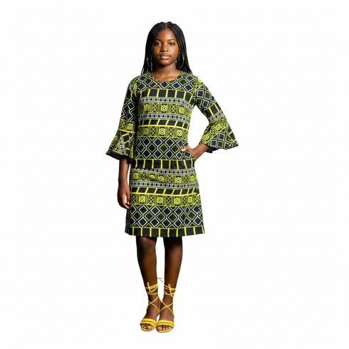 Zura Girls Geometric Ankara Shift Dress with Flared Asymmetrical Sleeves – Modern African Simplicity