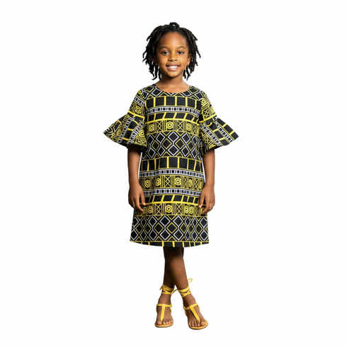 Zura Girls Geometric Ankara Shift Dress with Flared Asymmetrical Sleeves – Modern African Simplicity