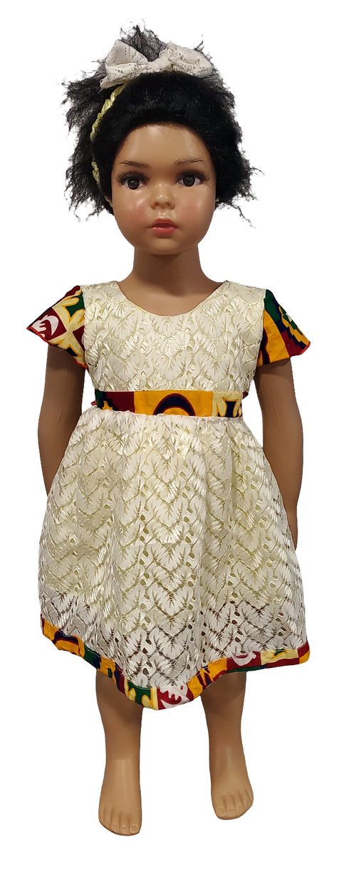 Serenity Lace Baby Girl Dress with African Print Belt – Handmade