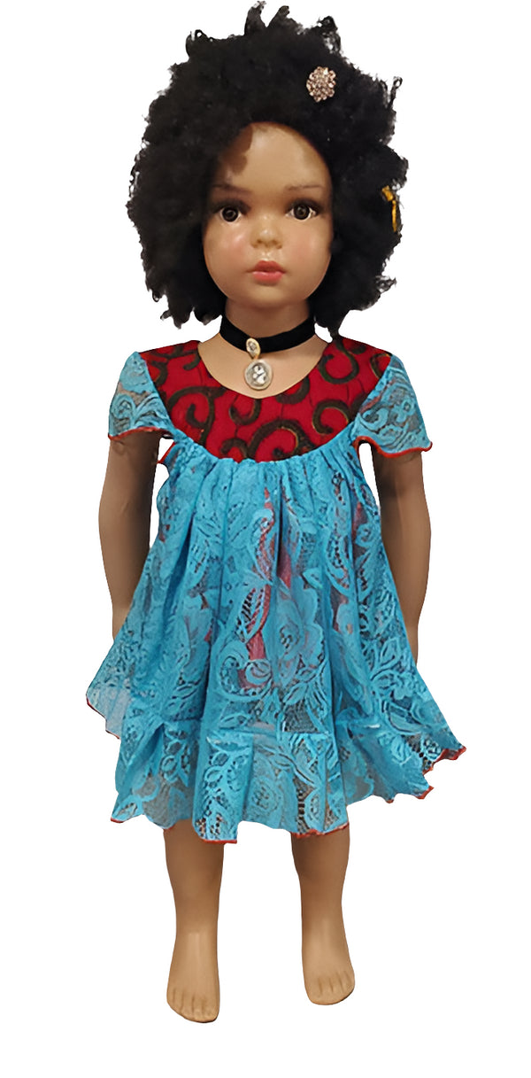 Oforiwaa Blue Lace African Kids Dress with  Butterfly Sleeves Girl Dress – Red Lining
