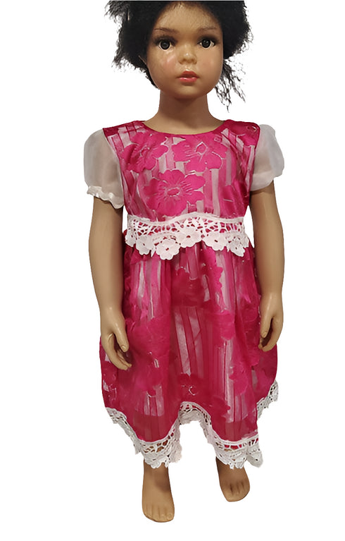 Destiny Pink Flowered Short Sleeve Organdi Lace Baby Girl Dress with Waist Trim – Handmade
