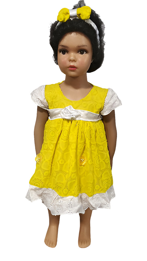 Journey Yellow Lace White Satin Bow Baby Girl Dress – Handmade