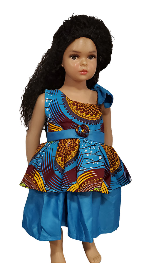 Zendaya Blue and Yellow Ankara Peplum Bow Belted Baby Girl Dress – Handmade