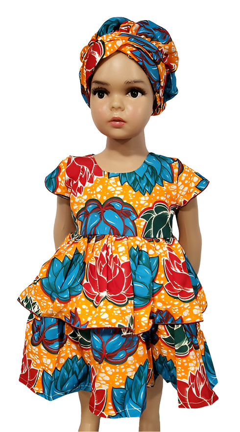 Faith Peplum Layered African Print Baby Girl Dress with Headwrap – Handmade