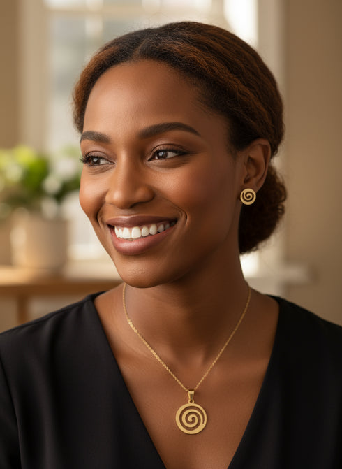 VITALITY OWIA KOKROKO Necklace and Earrings Set - Adinkra Necklace & Earrings Set Stainless Steel