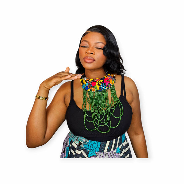 Regal Cascade Buttoned Beadwork Necklace – African Statement Choker- Medium