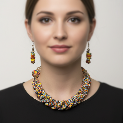 NALINI woven seed bead African statement necklace set