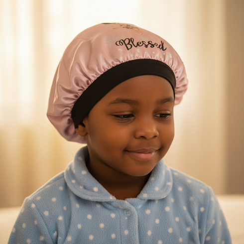 BLESSED BLACKWATER African KIDS Handmade KIDS Silk Bonnet With BLESSED Band Design