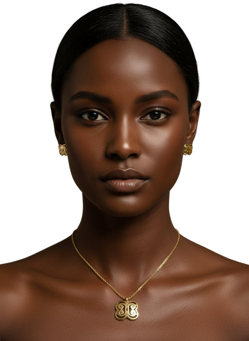 ASAASE YE DURU Adinkra Necklace and Stud Earrings Set – African Stainless Steel Jewelry for Women