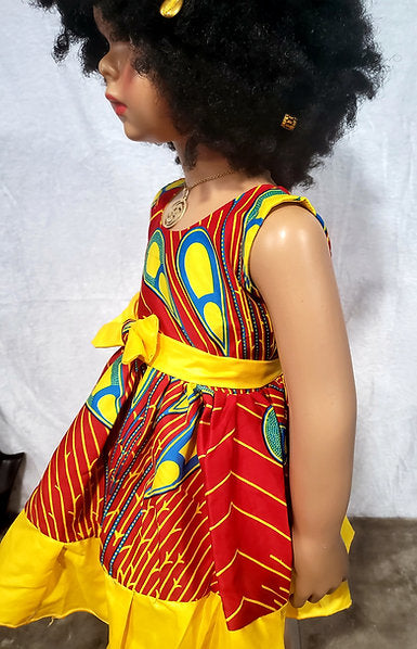 Nia Ankara African Print Baby Girl Dress with Yellow Bow – Handmade